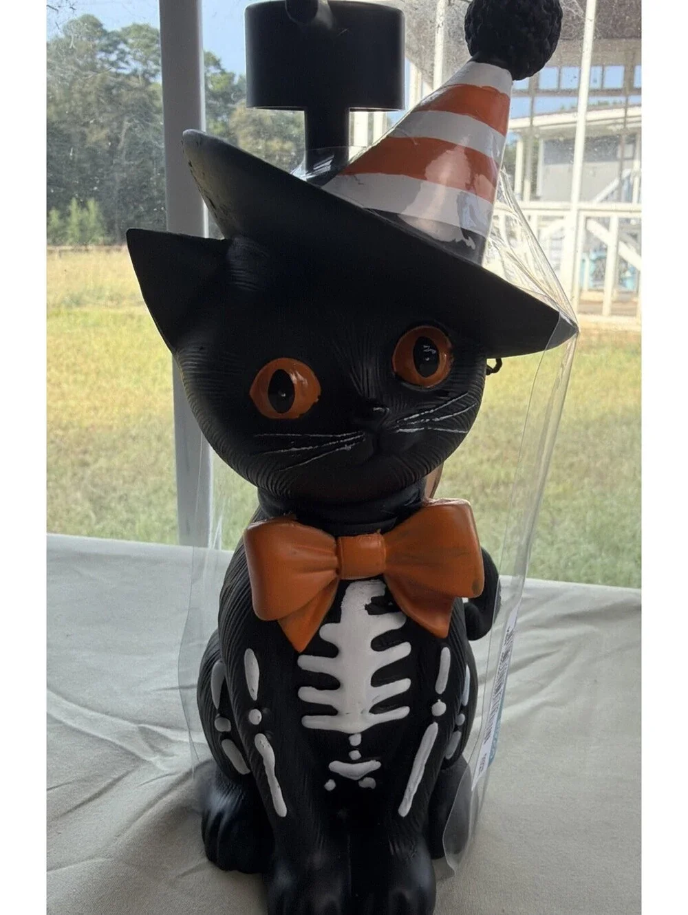 New Black Cat Skeleton With Orange Witch Hat Halloween Soap Dispenser Spooky